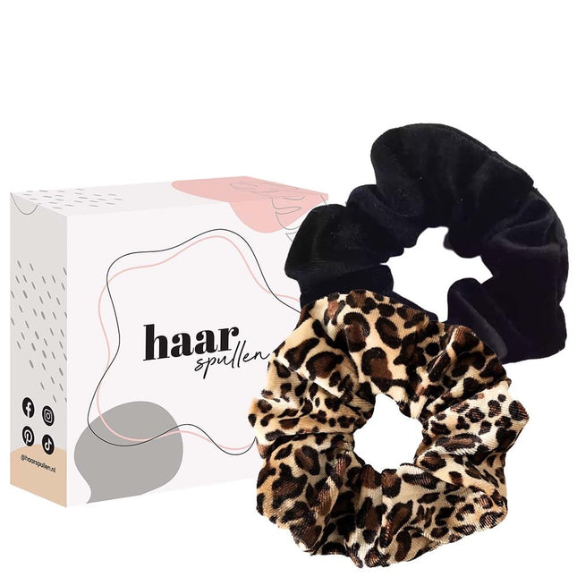 Haarspullen Black Panther Scrunchie Duo Set - Panterprint & Zwart