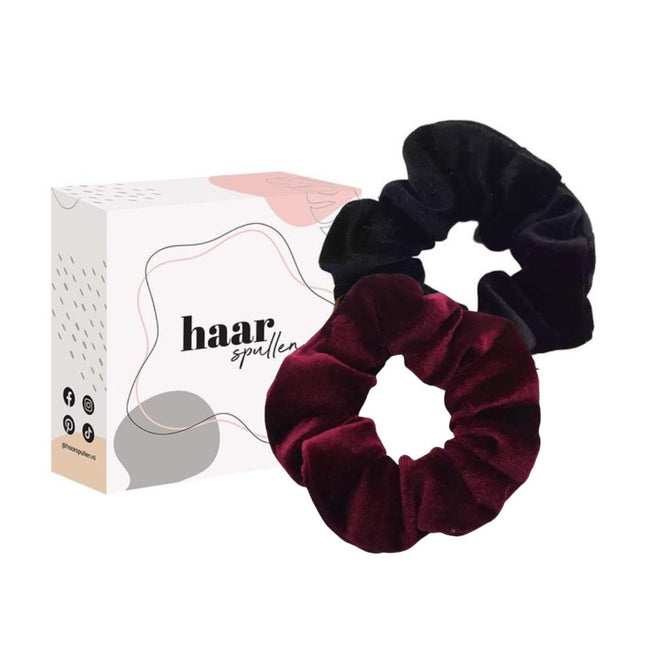 Haarspullen Elegance Velvet Scrunchie Duo Set - Bordeaux & Zwart