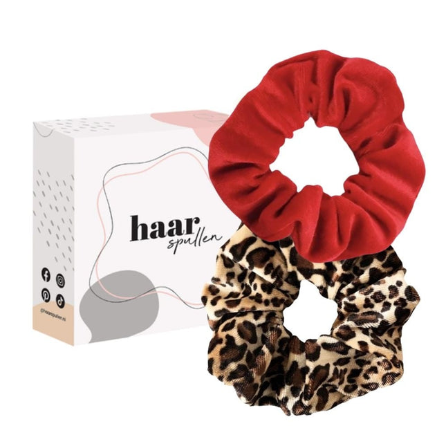 Haarspullen Mob Wife Scrunchie Set Velvet - Rood & Panterprint