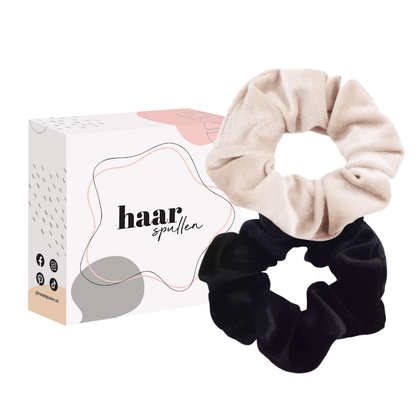 Haarspullen Basicly Velvet Scrunchie Duo Set - Black & Beige