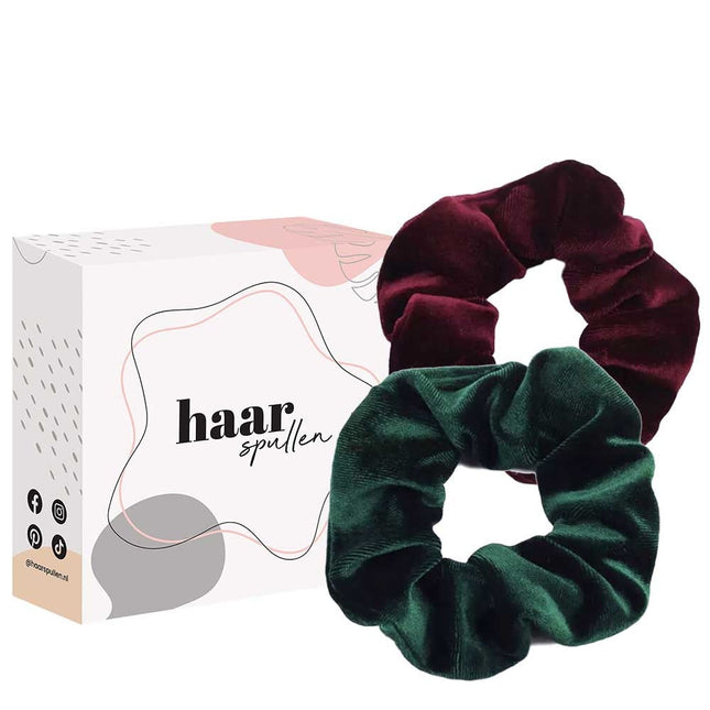 Haarspullen Luxury Velvet Scrunchie Duo Set - Dark Green & Burgundy