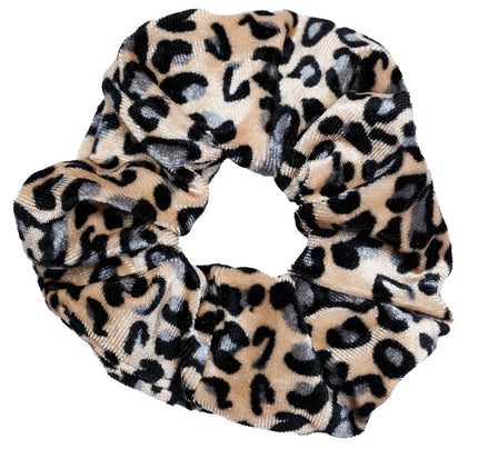 Haarspullen Scrunchie Velvet Panterprint Beige met Grijs